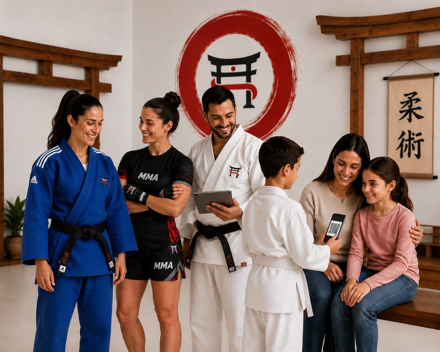 Two black belt practitioners checking Silryu on a tablet inside a dojo with the Silryu torii logo.